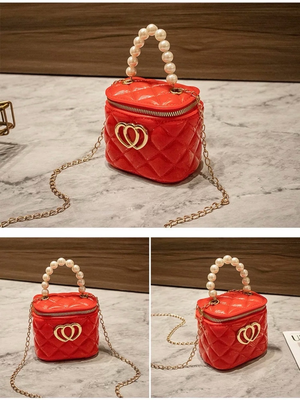 Red Quilted Pearl-Handle Crossbody Bag